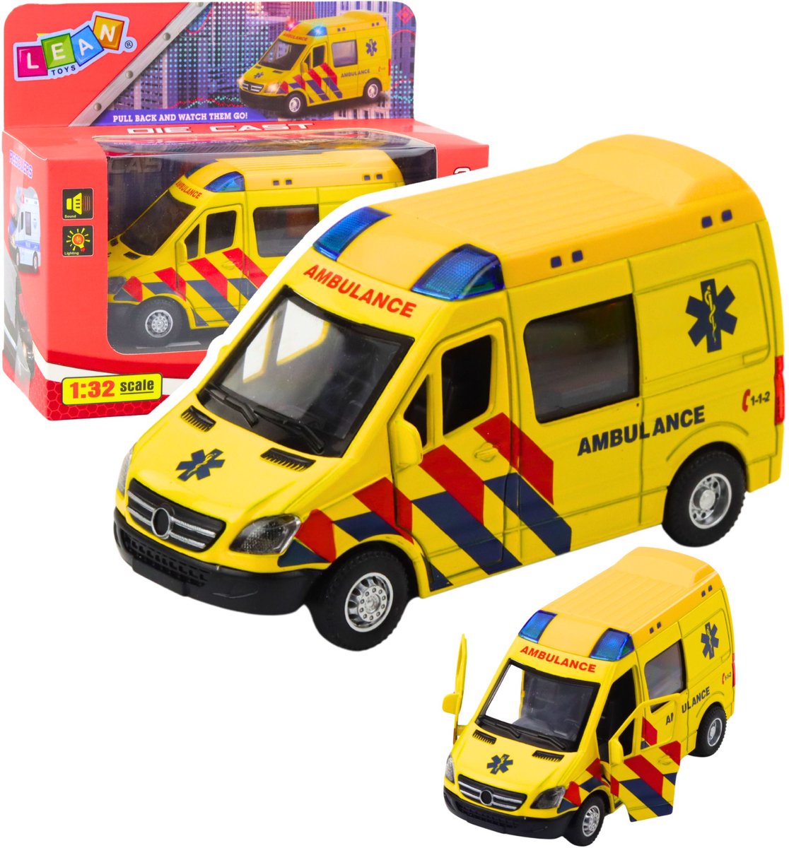 Ambulance Metal Pull Back gemotoriseerde lichten klinkt geel 1:32 - UNI