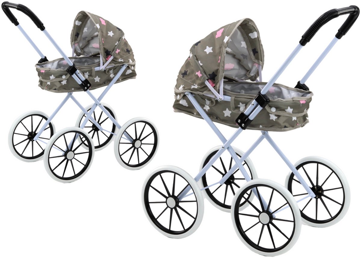 Poppenwagen Grote Wielen Opvouwbaar Sterren Grijs