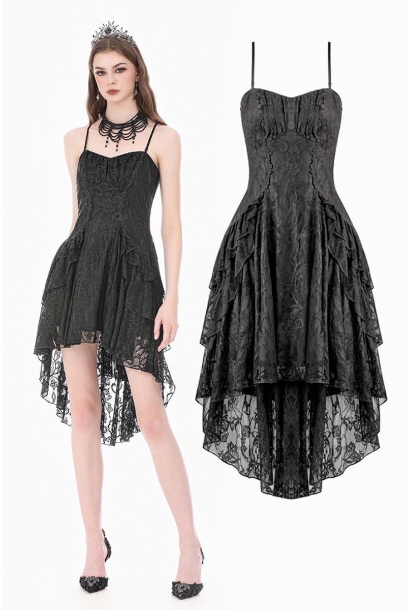 Dark in Love - AllStretch Lace Cami Dress with HighLow Ruffle Tail Hem High low jurk - M - Zwart