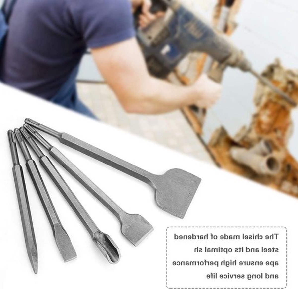 5-delige SDS-Plus Beitelset voor Rotatiemartel, Inclusief Plat, Punt en Tegelbeitel, Hoogwaardige Gereedschappen voor Bouw en Renovatie