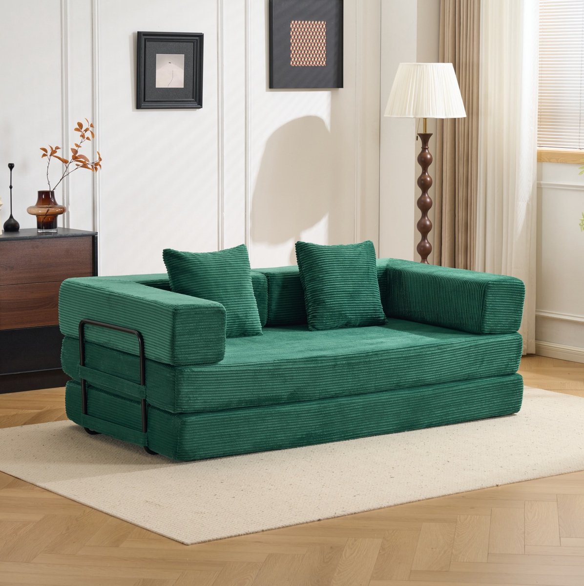 MIVRAY Slaapbank 185 x 60 cm 2 Zits Opvouwbaar Met Kussens Voor Woonkamer, Slaapkamer, Kantoor En Gaming Kamer Stof Donkergroen