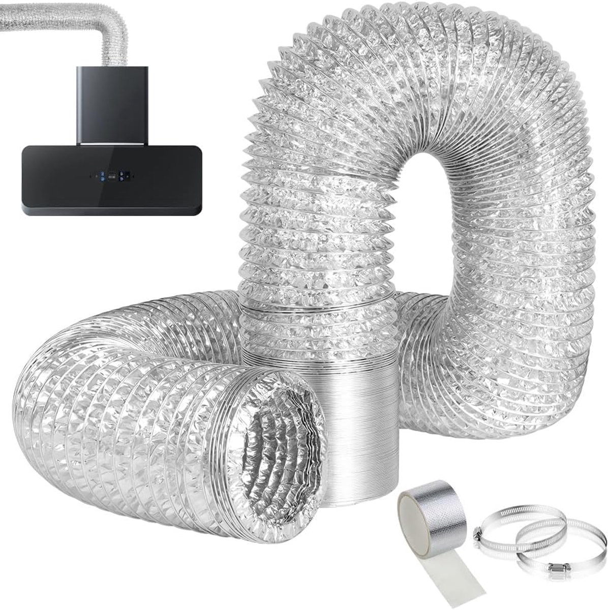SnelShoppen - 100mm Diameter Aluminium Folie Afvoerslang, 5m PVC 4 Laags Flexibele Slang met 2 Klemmen en 1 Glasvezel Tape, Voor Drogen, Afzuigventila