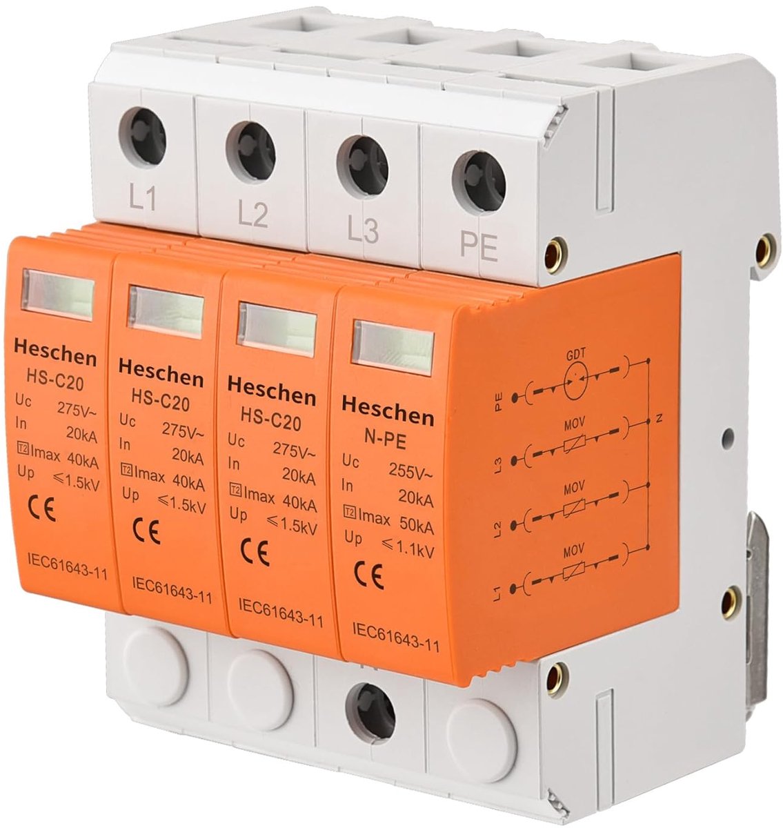 SnelShoppen - Spanningsbeveiliger SPD, 275VAC 20KA, 3+N-PE, brandvertragend, laagspanningsontspanner, 35mm DIN rail montage