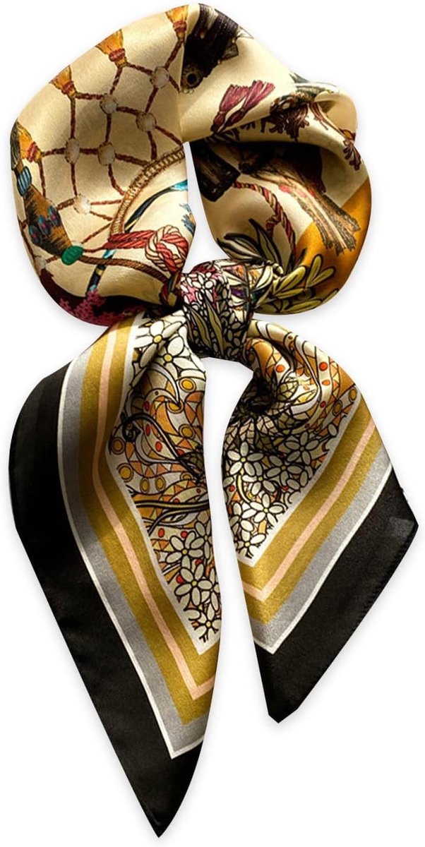 Zijde Sjaal voor Vrouwen met Retro Paard en Luipaard Print, Kleine Sjaal als Neckerchief of Haarband, Geel met Kwastjes, One Size