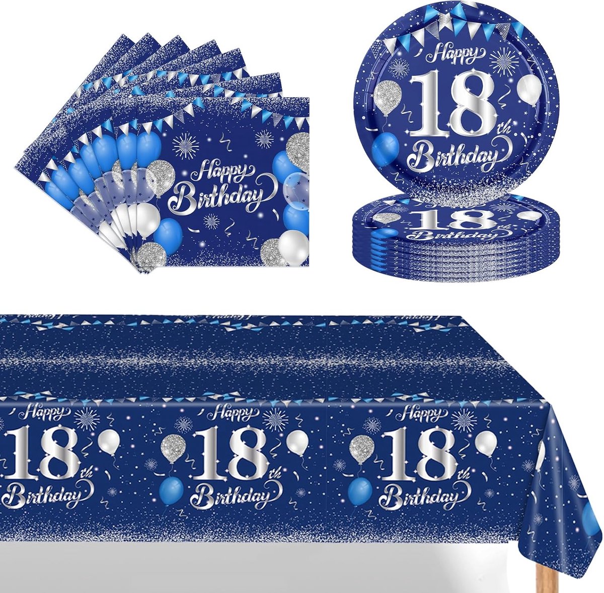 SnelShoppen - 37-delig Verjaardagsservies Set - Papieren Borden, 9 Inch Servetten, Tafelkleed - Navy Blauw Zilver Decoratie voor 18e Verjaardag Feest