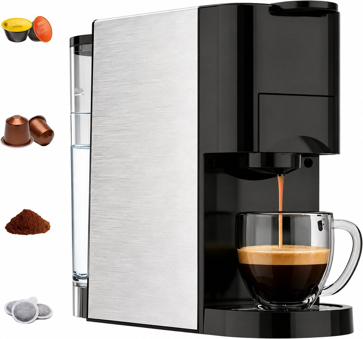 4-in-1 capsule koffiezetapparaat voor Nespresso Original/Dolce Gusto/gemengde koffie/ESE-pads (44 mm, 19 bar, 1450 W, 800 ml