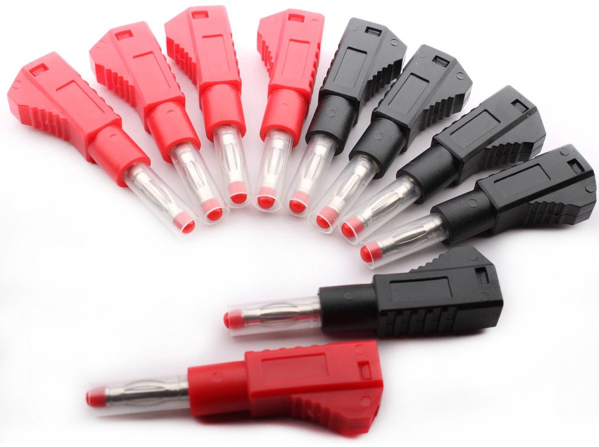 Banana plug 4mm - stapelbaar en soldeertype - pack van 10 (5 rood + 5 zwart) - ideaal voor multimeter metingen - ShopVlot