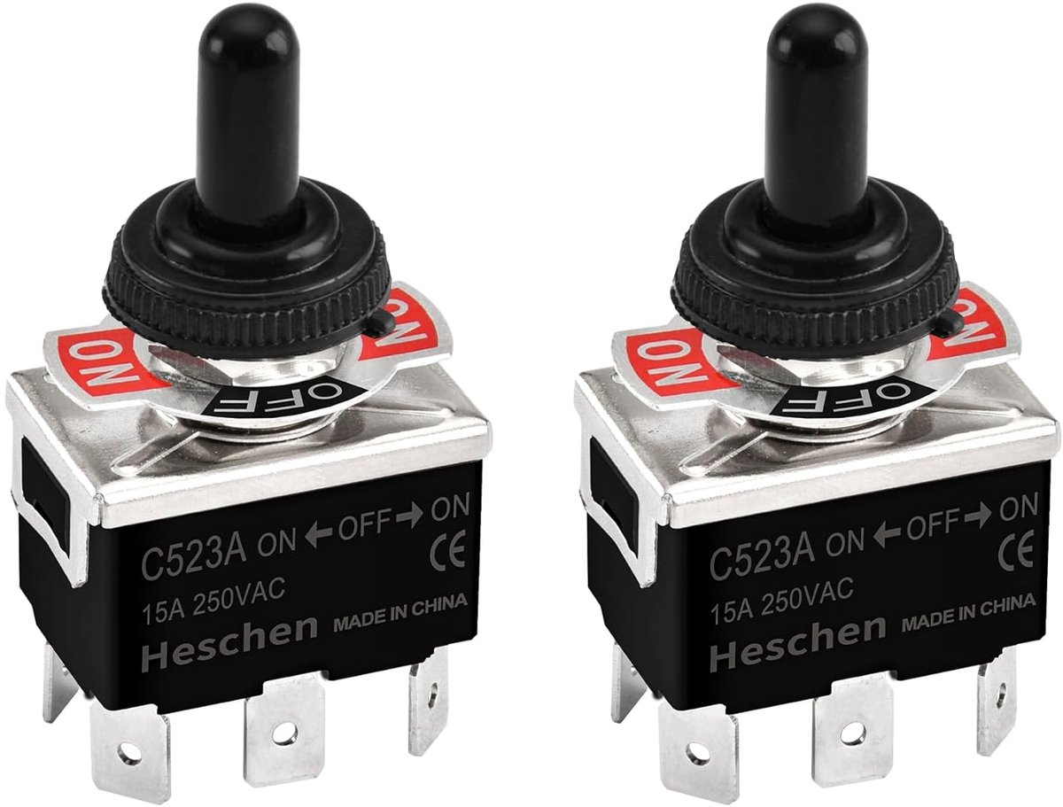 SnelShoppen - Heschen Metaal Toggle Schakelaar DPDT, Permanent Licht, ON/OFF/ON 3 Posities, 15A 250VAC, 6 Platte Aansluitingen, Waterdichte Kap (2 Stu