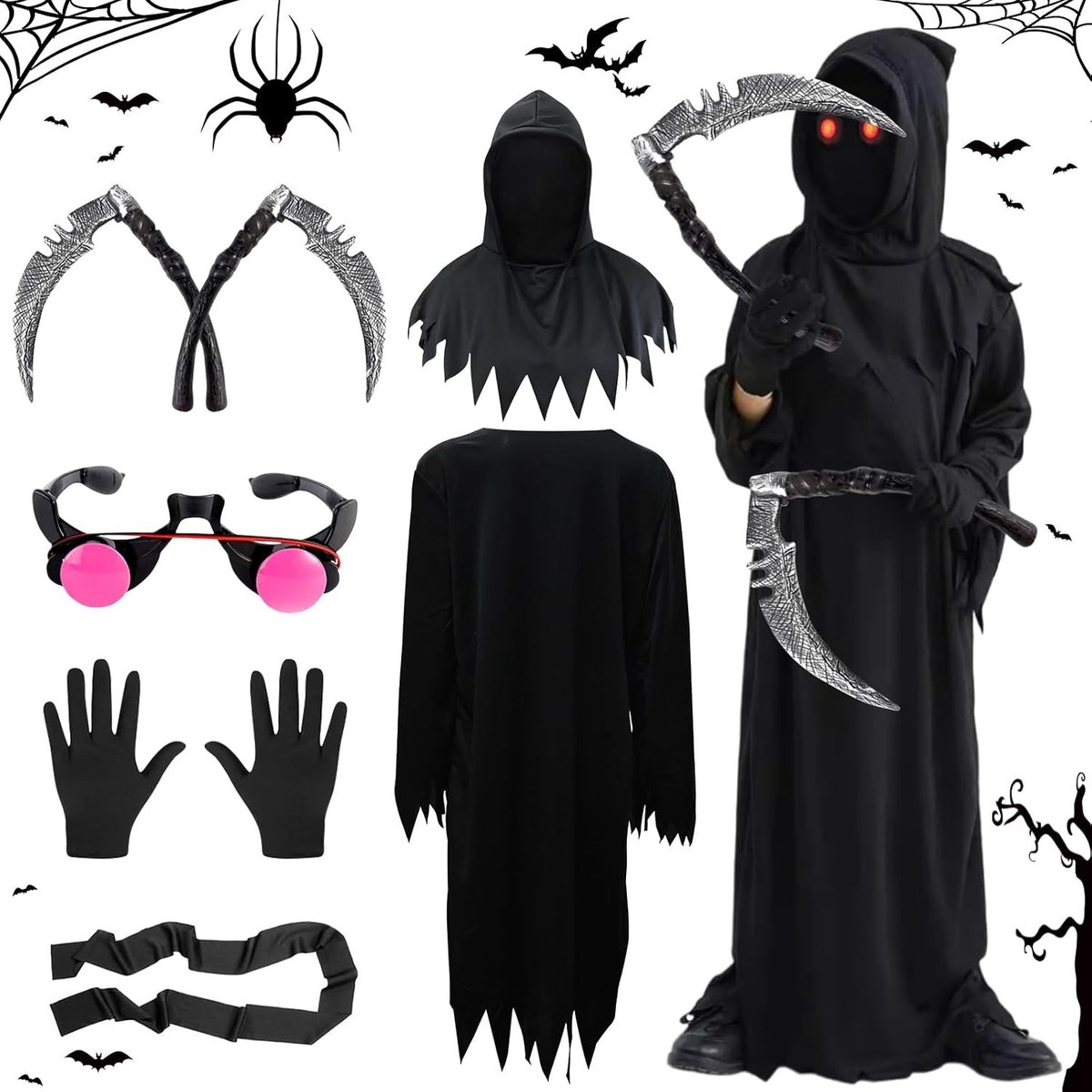 Griezelige Grim Reaper Kostuum voor Kinderen - Zwarte Cloak met Dubbele Sichels en Felrode Ogen, Perfect voor Halloween Feest en Verkleedpartijen (95cm)