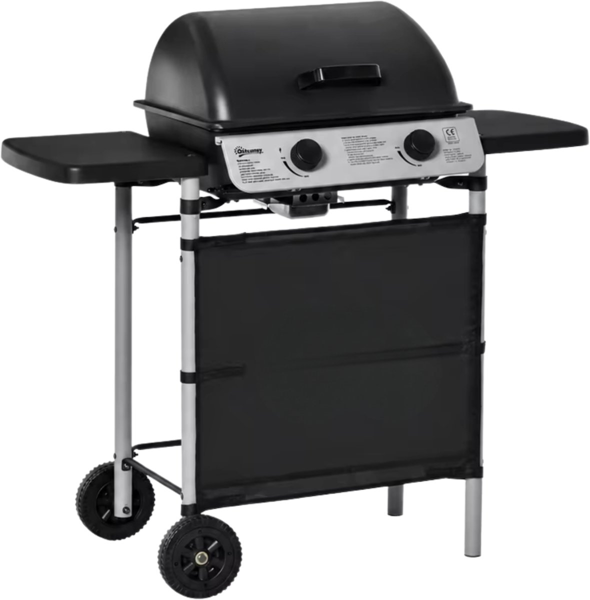 Gasbarbecue 2 Branders Zwart – 5,6 KW met Deksel, Zijplanken & Wielen
