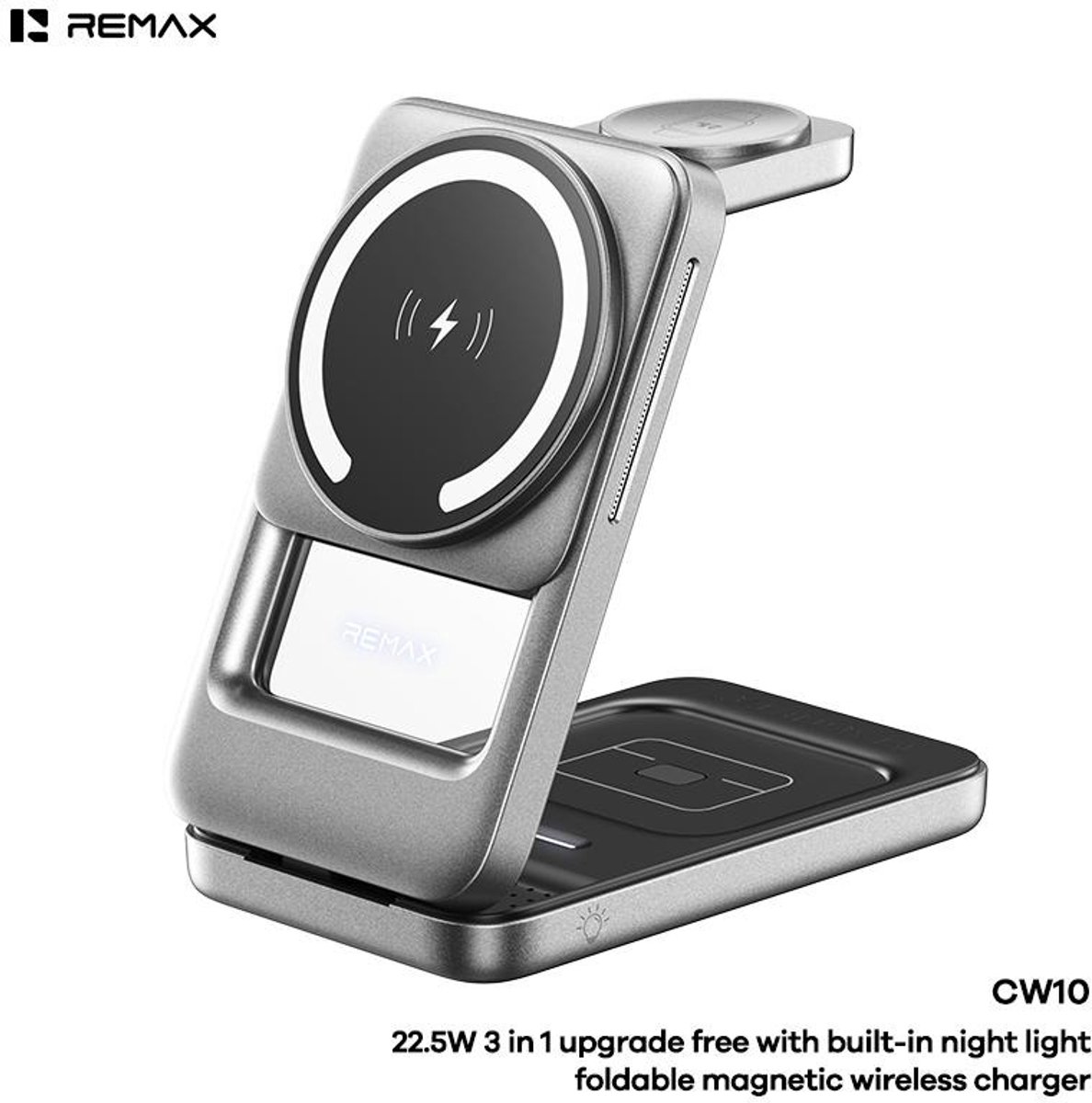 Remax CW10 - Draadloze oplader - 22,5W - 3-in-1 - Opvouwbaar - Nachtlamp - Tarnish