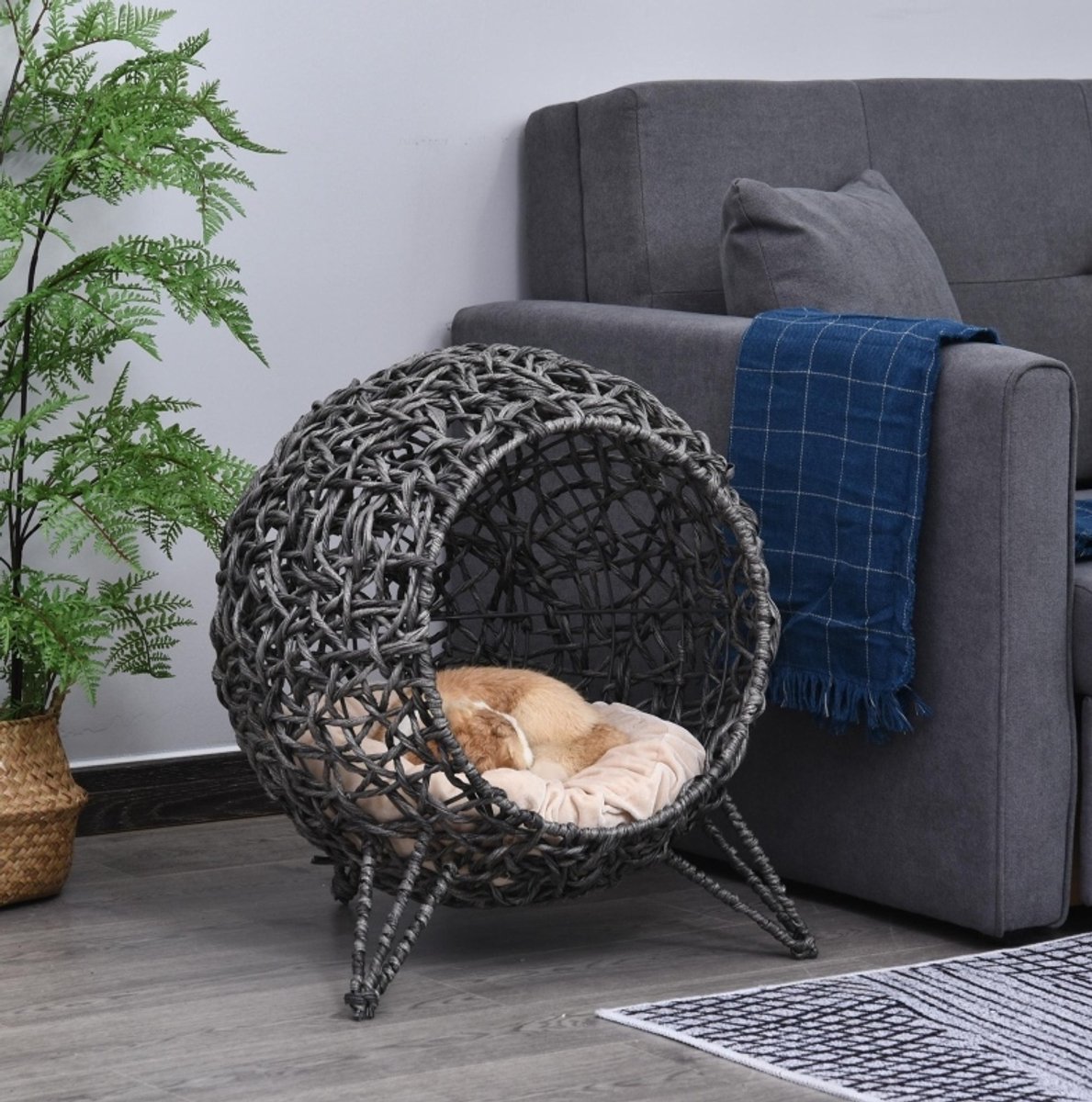 REDOM - Kattenhuis - Handgeweven PE-rattan - Met kussen - Moderne stijl - Woonkamer, slaapkamer, balkon, tuin - Rotan, metaal, polyester - Zilvergrijs - Ø52 x 58 cm