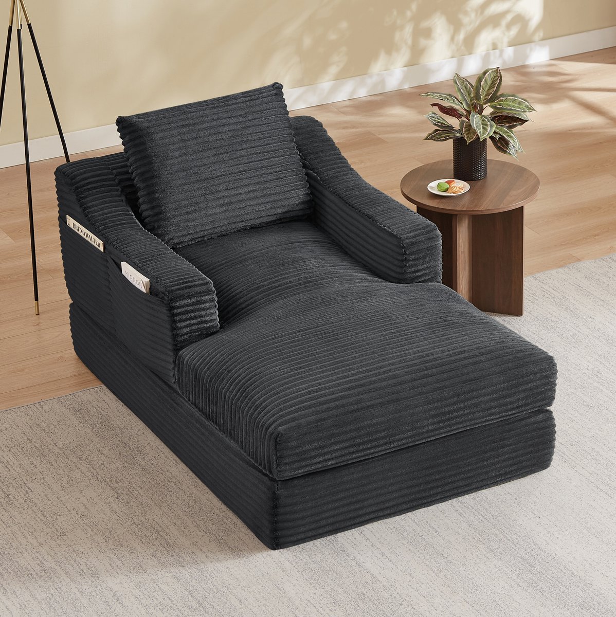 MEUNIQ fauteuil loungestoel 100 x 160 x 85 cm met armleuningen, corduroy bekleding en dubbel laag ontwerp voor woonkamer of slaapkamer, donkergrijs