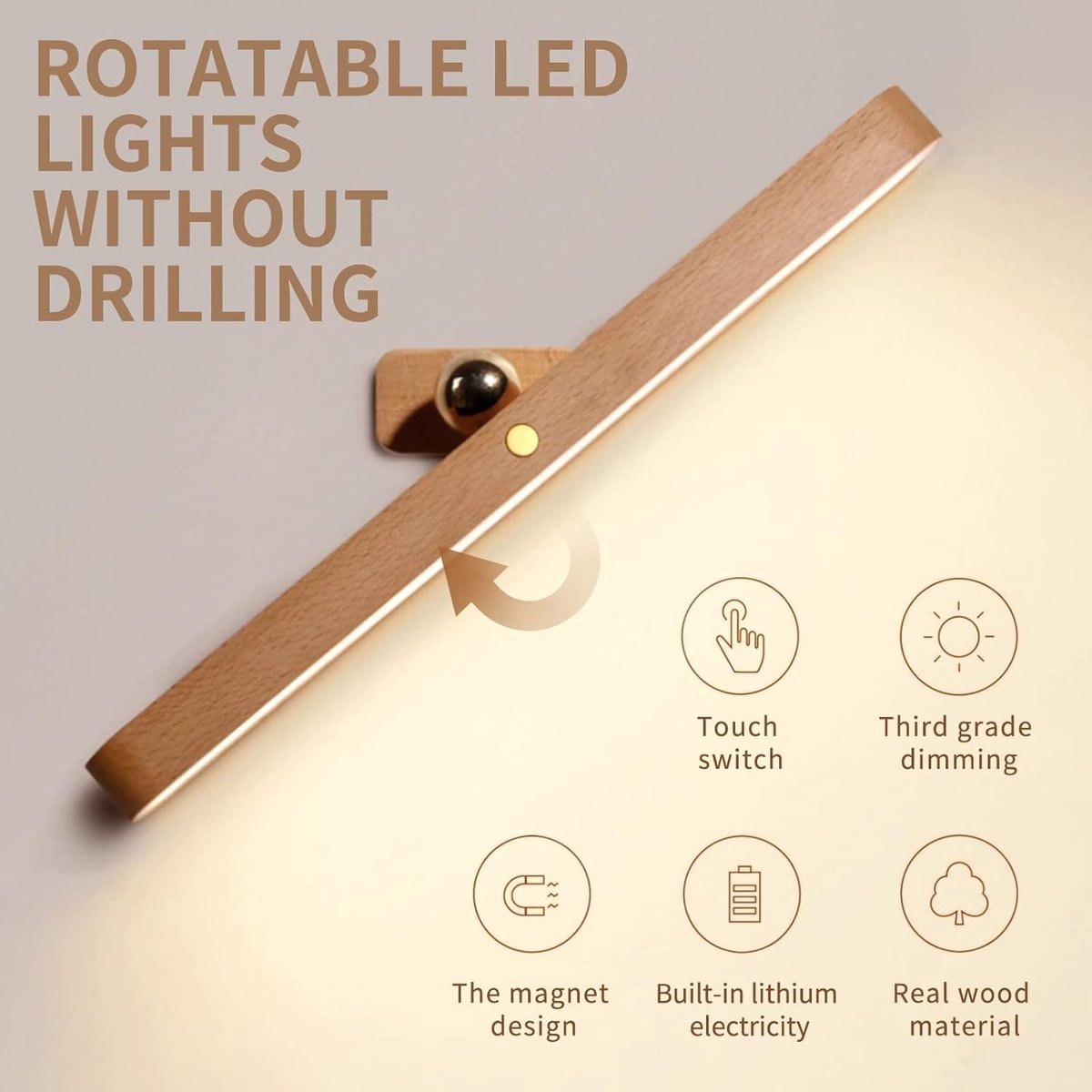 Led-badkamerspiegellamp - Hout - 30 cm - Dimbare Oplaadbare Wandlamp met Magnetisch Design - Voor Badkamer en Slaapkamer