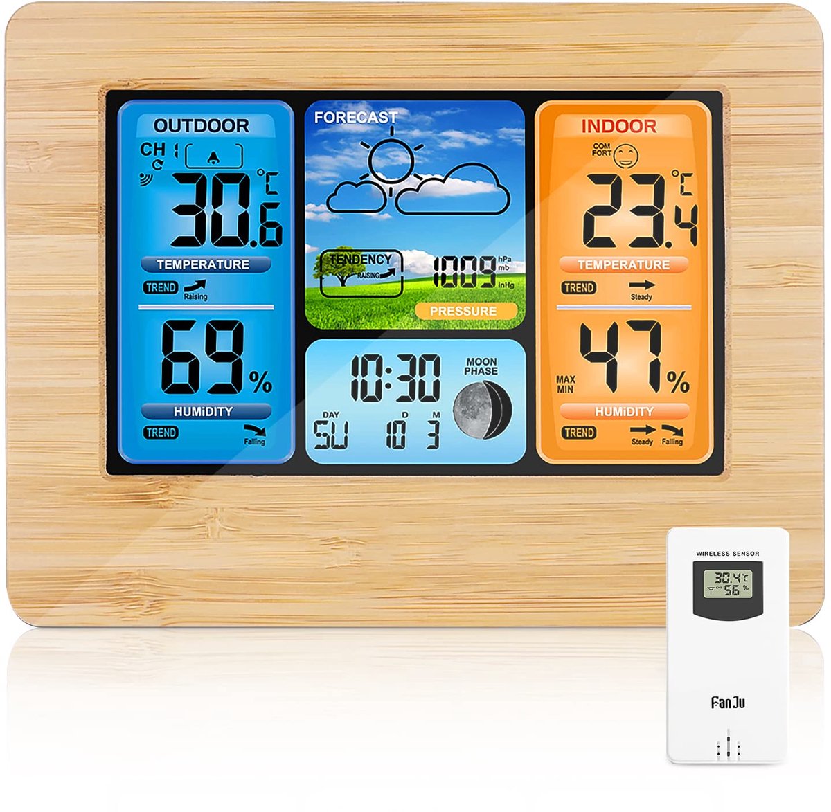 SnelShoppen - Draadloos Weerstation met Digitale Kleurvoorspelling, Alarm, Temperatuur, Vochtigheid, Barometer, Maanklok en Buitensensor voor Tuin, Ke