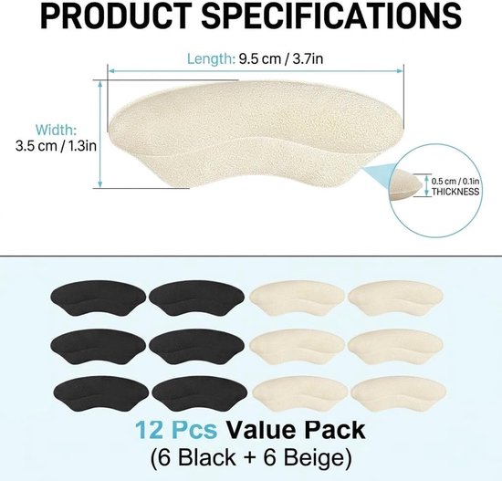 Set van 12 Hielkussentjes voor Te Grote Schoenen, Hielbescherming, Zachte Schuim Hielsteun, Blarenpreventie, Comfortabele Inlegzolen voor Hakken en Sneakers in Zwart en Beige — afbeelding 5