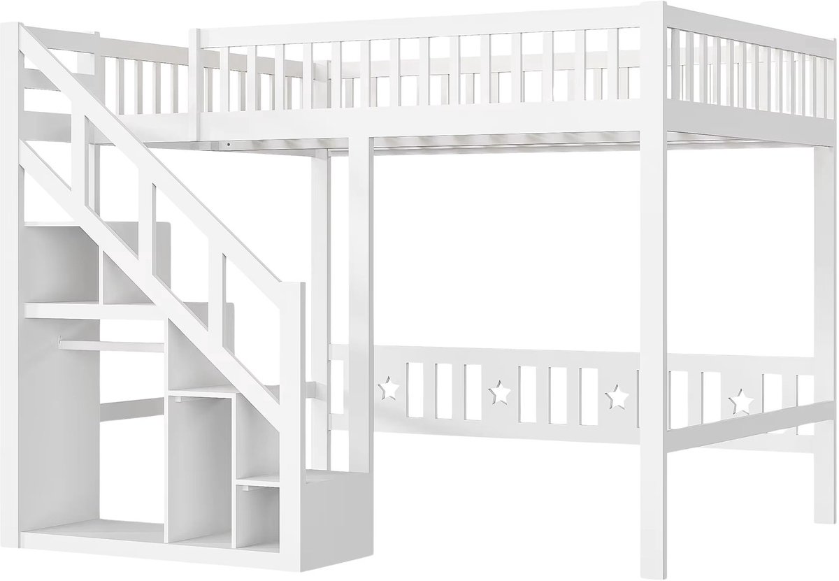 Happiq Kinder Stapelbed 140x200 cm - Trap met Opbergruimte en Geïntegreerde Kledingkast - Wit - Bunk Bed met Veiligheidshekje en Lattenbodem