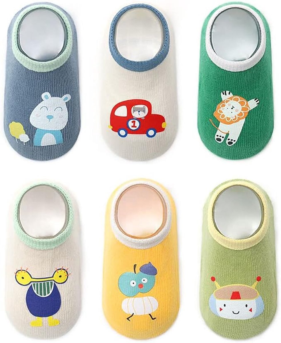 Set van 6 paren lage instap babysokjes met grappige cartoon print maat S voor baby’s 0 tot 1 jaar, ademende antislip vloersokjes met siliconen zool voor veilig kruipen en lopen binnenshuis