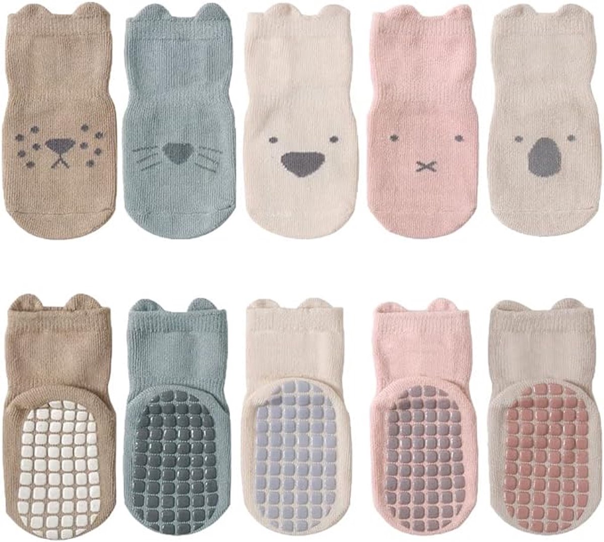 Antislip babysokjes met dierenprint, set van 5 paren maat S voor baby’s 0 tot 1 jaar, zacht katoen vloersokjes voor kruipen en lopen