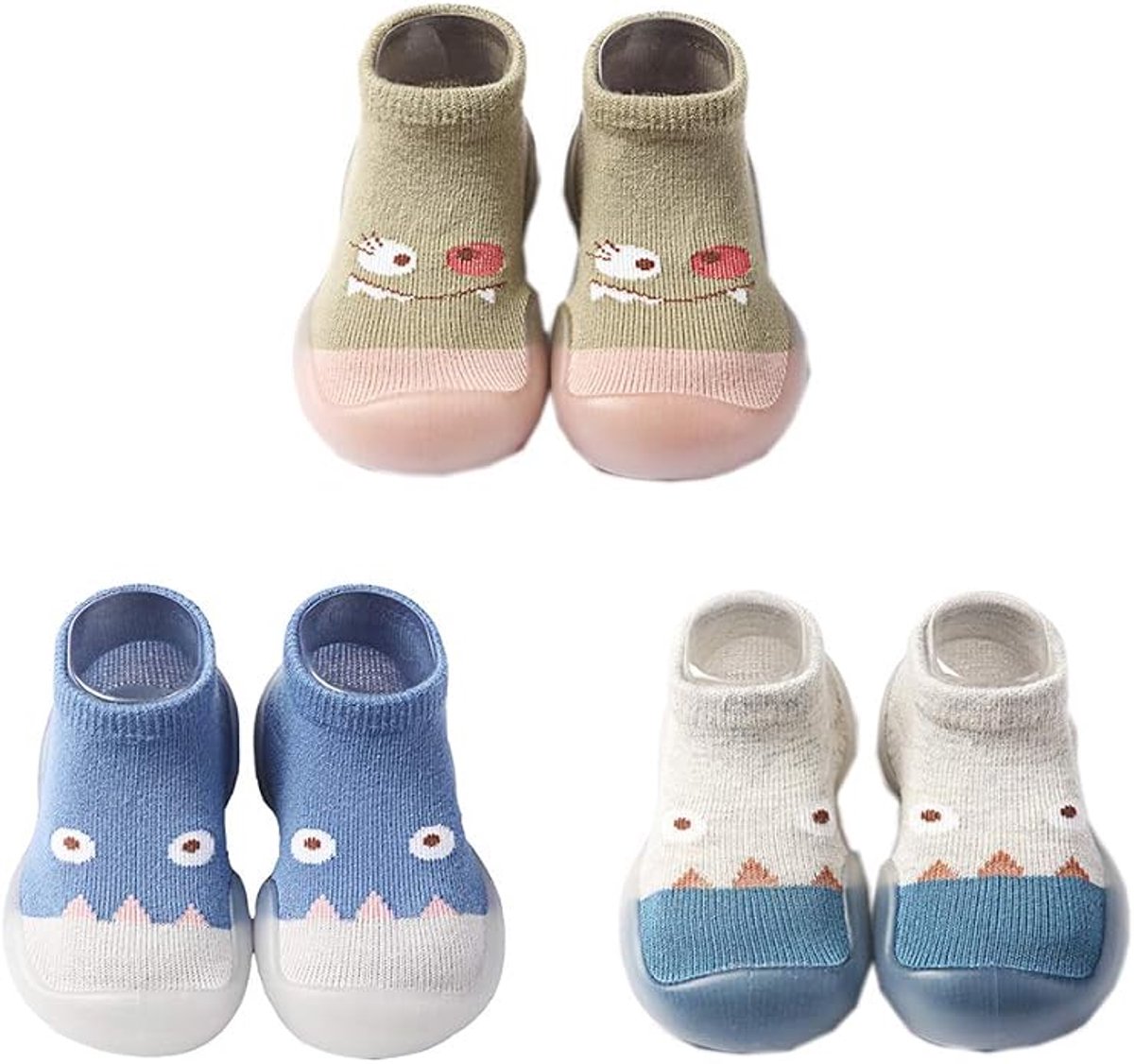 Set van 3 paren cartoon monster babysokschoenen maat 18/19 (binnenlengte 11,5 cm), ademend gebreid bovenmateriaal met flexibele rubberen antislip zool