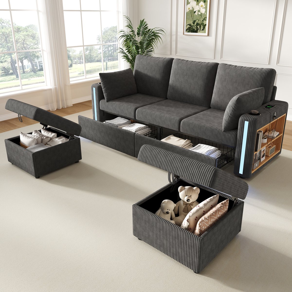 Sofa - Modulair U-/L-vormig 5-zits met 2 opbergpoefs, LED-sfeerverlichting, USB/Type-C, drinkhouder & lades - 190x130x85 cm - Grijs