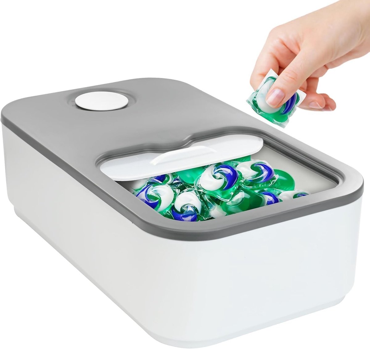 Detergent pods opslagbox voor 100 waspods - duurzaam PP materiaal - met schuifdeksel en maatbeker - ShopVlot