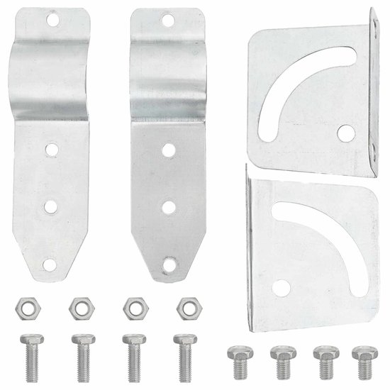 Ensemble de pièces de fixation métalliques argentées, comprenant des supports et des boulons.