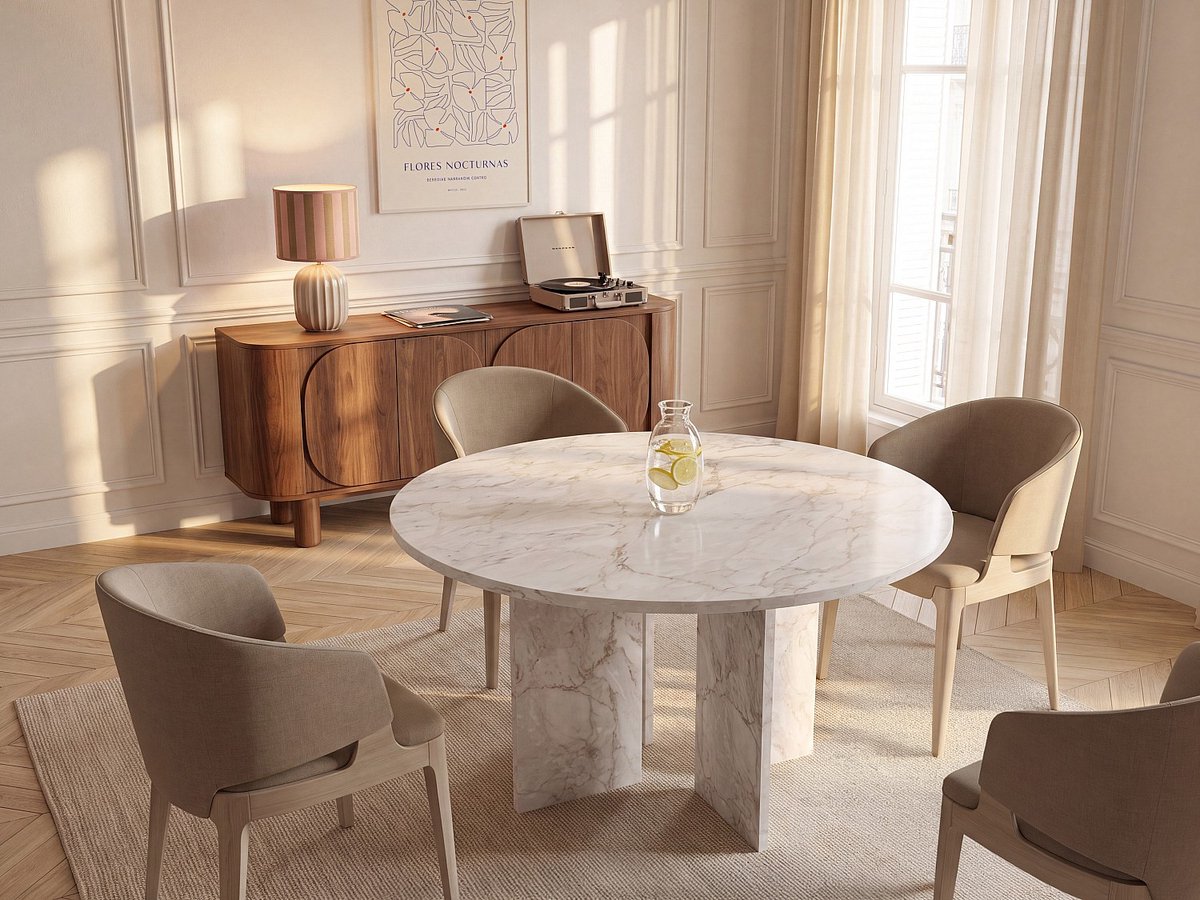 Vente-unique Ronde eettafel voor 6 personen - Wit marmereffect - TOPANIA