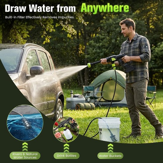Accu-hogedrukreiniger - Groen - 100 bar - 600 l/u met 6-in-1 mondstuk - Voor Auto, Tuin, Balkon en Terras — afbeelding 3