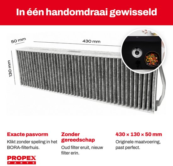 Een BORA koolstoffilter van 430x130x50 mm, met afmetingen en een demonstratie van het filterhuis.