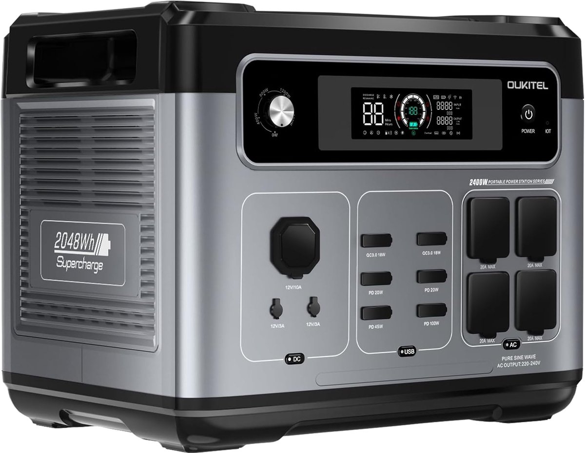OUKITEL P2400E-Draagbaar stroomstation-2400W/4800W-2048Wh LiFePO4-PD100W-app-bediening-kamperen