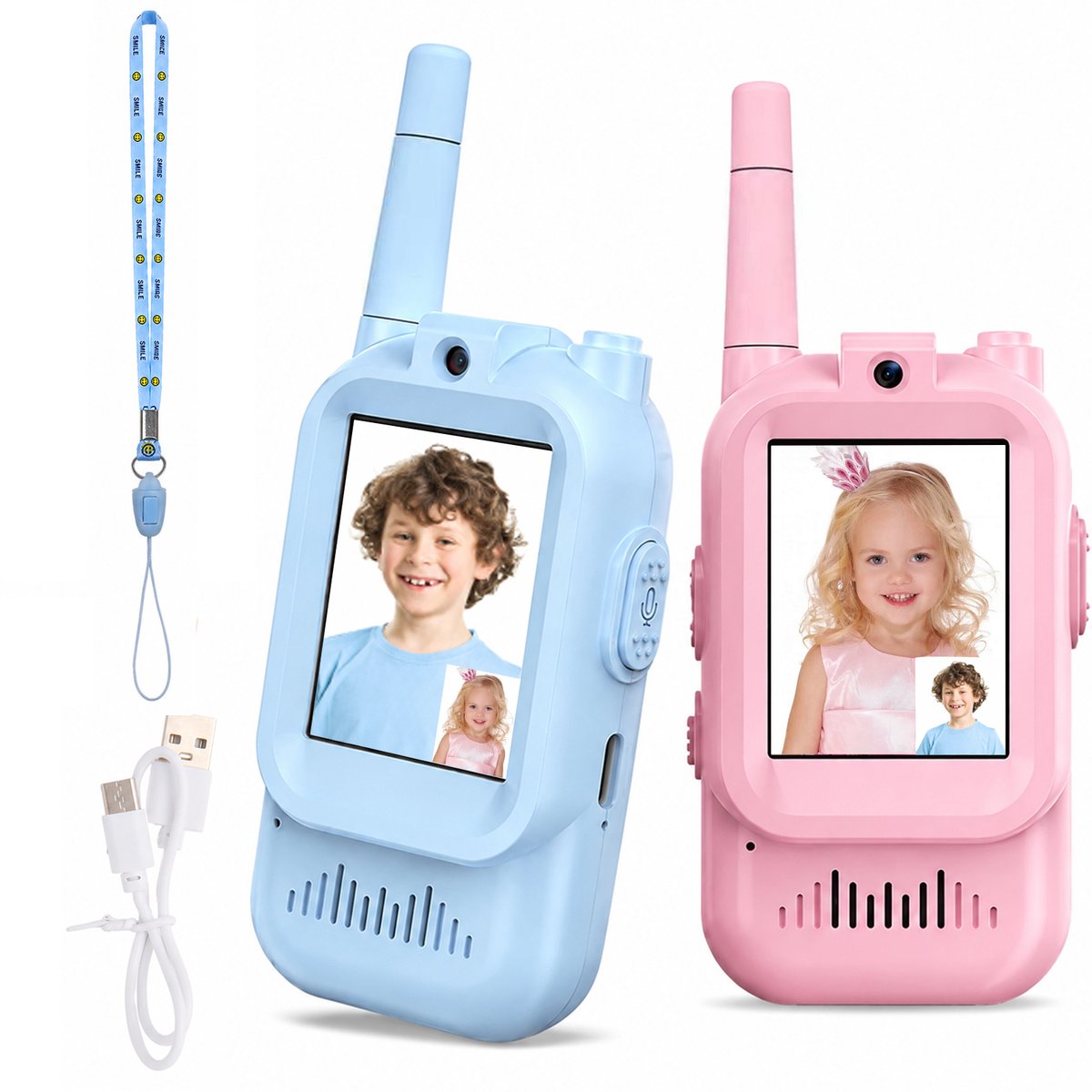 2 Stuks Walkie Talkie voor Kinderen - Oplaadbaar - Portofoon met Camera - Inclusief Draagkoord en USB-Kabel - Blauw en Roze