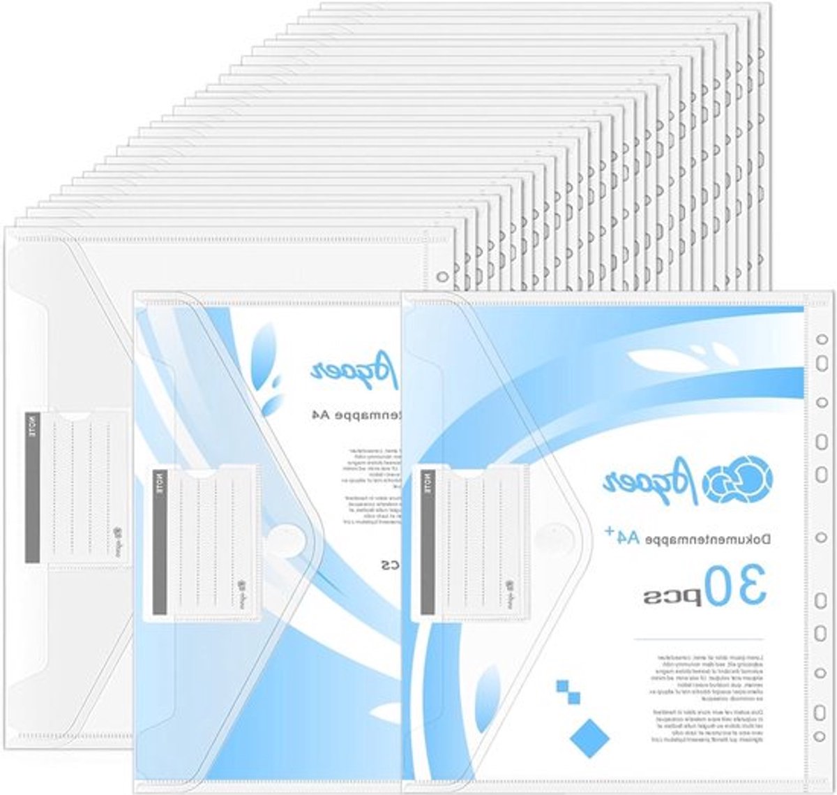 Set van 30 A4 Mappen voor Documenten - Transparante Opbergfolders met 11 Gaten en Labelcompartimenten voor Efficiënte Organisatie