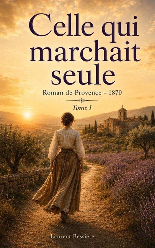 Couverture de livre : "Celle qui marchait seule", une femme en robe longue marche sur un sentier de lavande, coucher de soleil en Provence.