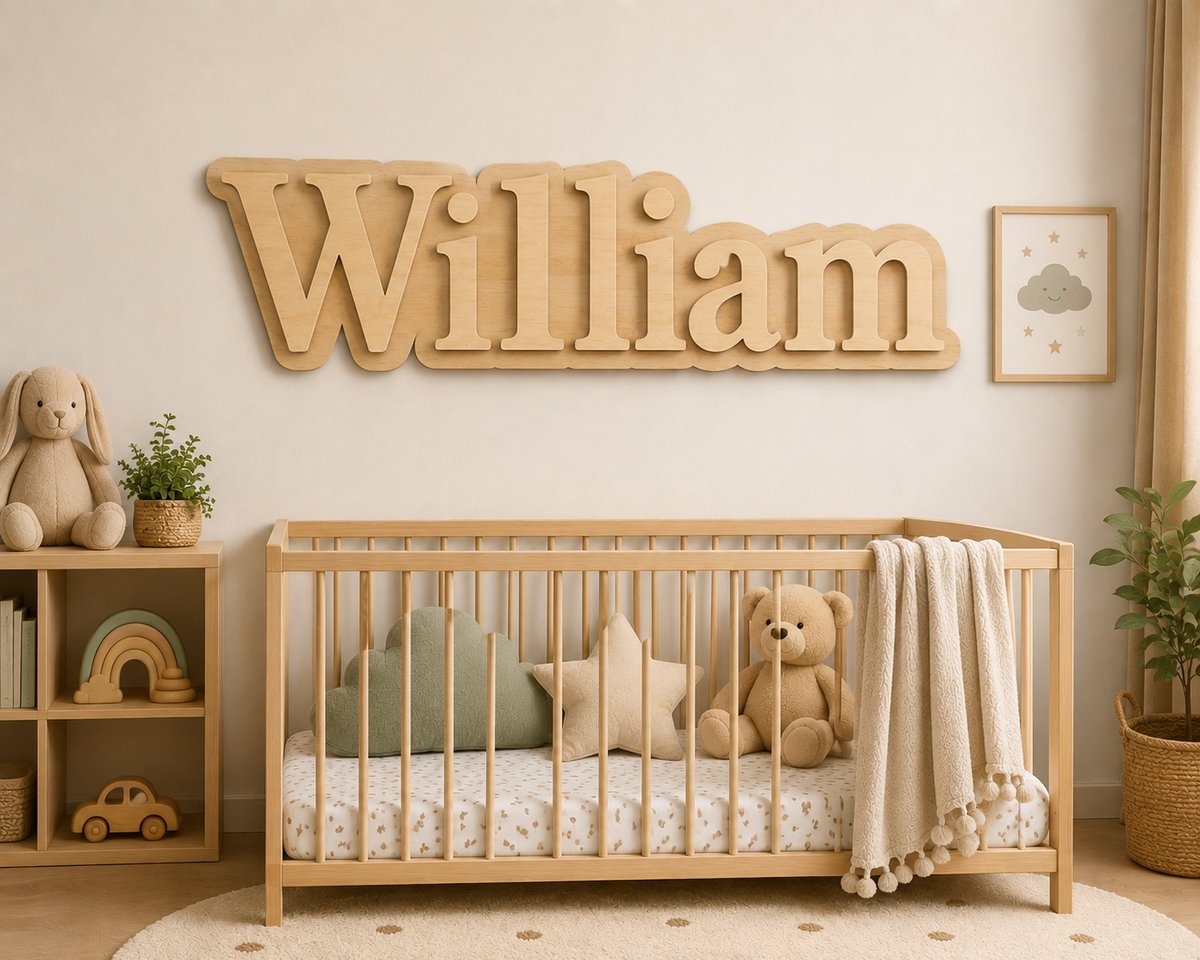 Gepersonaliseerde Houten Naam Wanddecoratie Kinderkamer – Houten Naamplaat op Maat – 3D Dubbele Laag – 5 mm Hout – Totale Dikte 10 mm – Naamdecoratie Baby- en Kinderkamer – Jongenskamer Meisjeskamer – Natuurlijke Houtkleur – 50 x 40 cm