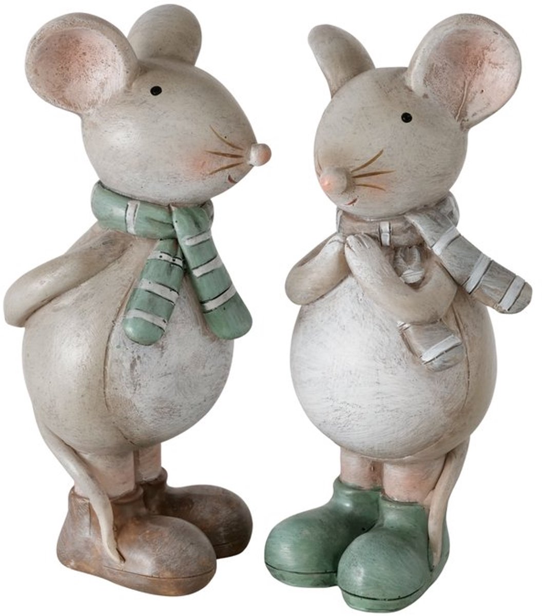 Boltze - Kerstfiguren - Set van 2 - Muisjes - Polyresin - Groen/beige - H 12,3 cm