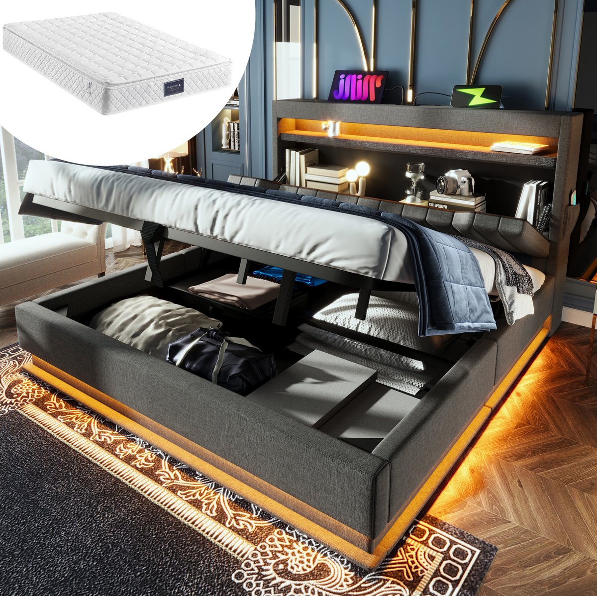 STILVORA Gestoffeerd Bed 160x200cm Met Matras – Ledverlichting Aan Hoofdbord En Voeteneind – Hoofdbord Met Usb En Type C – Opbergruimte Onder Bed – Tweepersoonsbed Voor Slaapkamer – Stoffen Frame – Grijs