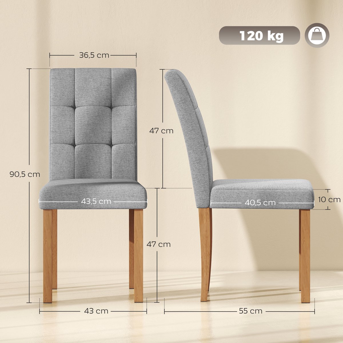 ECTEATOY® Set van 2 Eetkamerstoelen - Moderne Keukenstoel met Gecapitonneerde Zitting - Linnen-look - Lichtgrijs