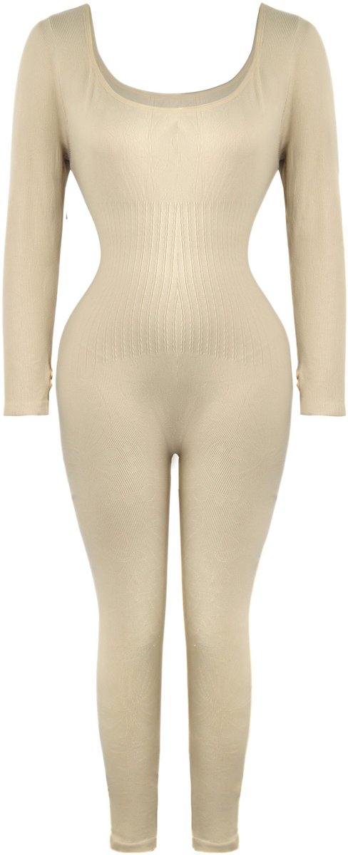 MEETYOO Dames Shapewear Full Body Bodysuit Corrigerend Shaper Compressiepak Naadloos Lange Mouwen- Beige-XXXXL
