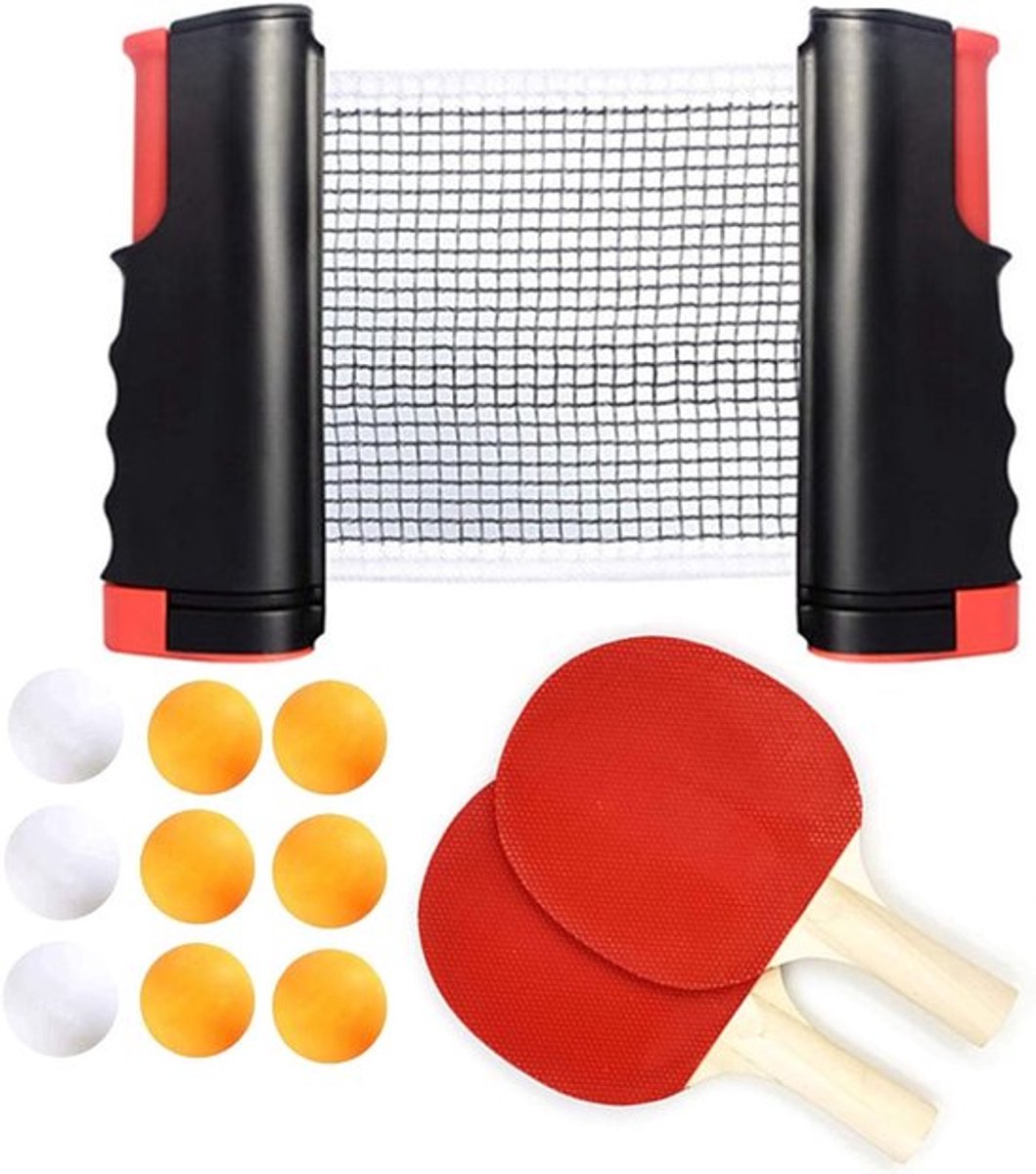 Draagbare tafeltennis set met net, 2 paddels en 9 ballen voor thuis en buiten, ideaal voor training en spelplezier
