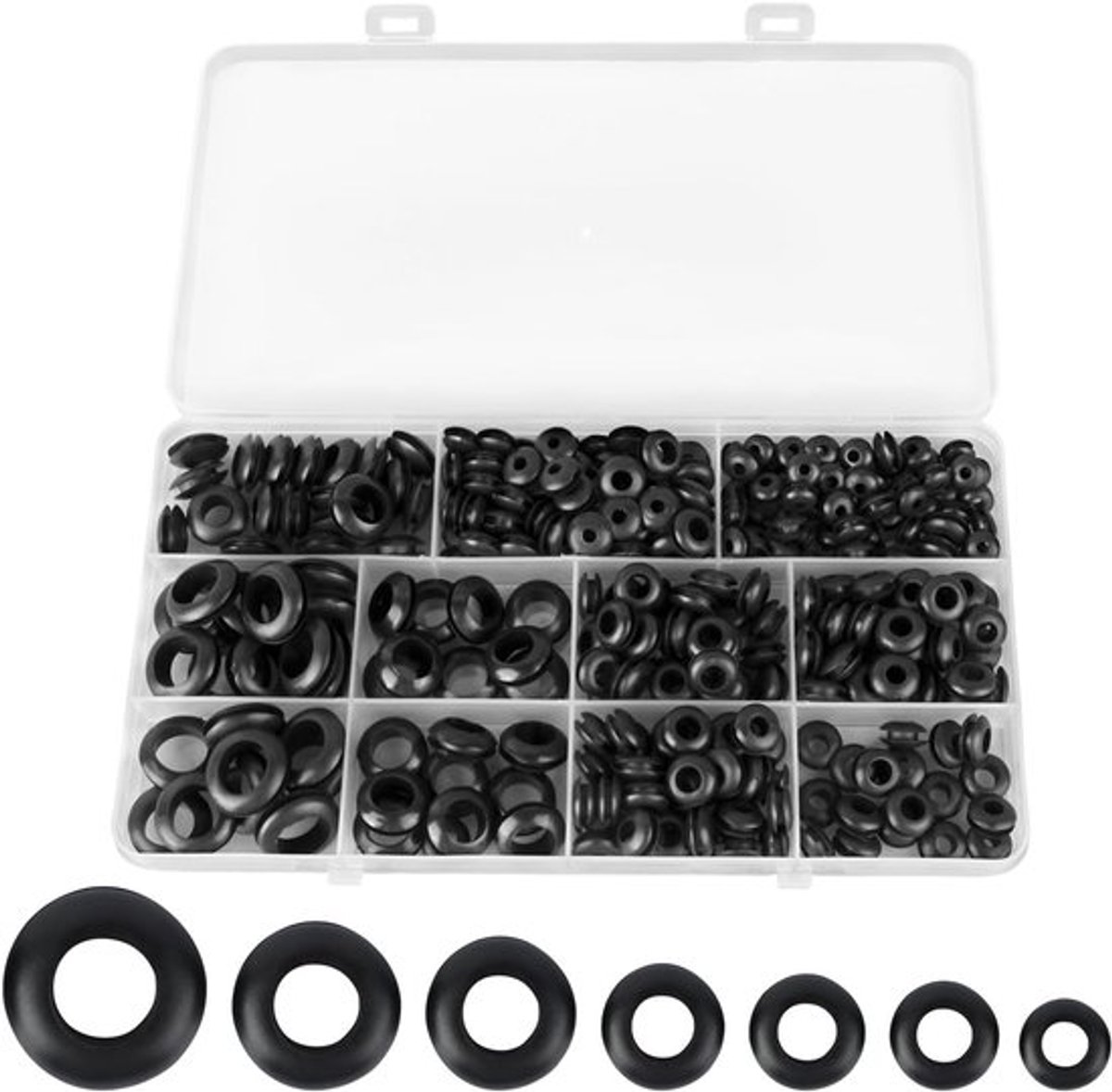 Set van 300 rubberen doorvoeren in 7 maten voor het beschermen van draden, kabels en stekkers, zwart rubber grommet assortiment voor diverse toepassingen