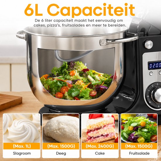 AALVERO - Deegmixer - Keukenmachine - Zweepdeegkneder - Inclusief accessoires - 6 snelheden - 6L - Stille motor - 1200W - Zwart — afbeelding 4