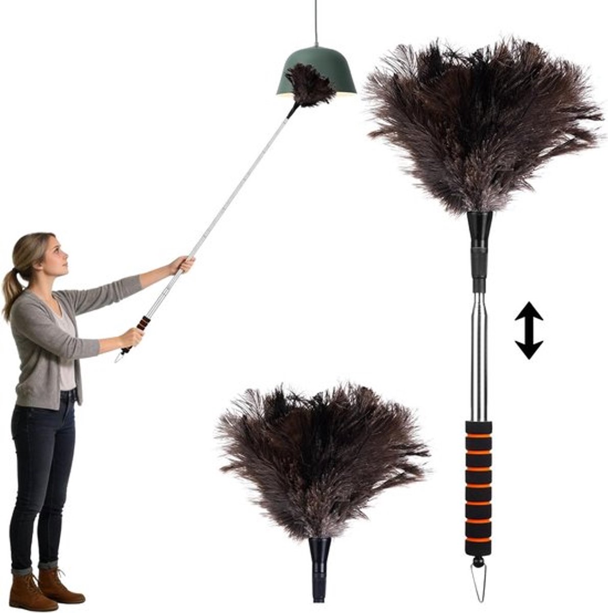 Uittrekbare Veren Duster van Struisvogel, 51-150 cm, Zachte Echte Veren voor het Verwijderen van Spinrag, Stof en Vuil van Hoge Plafonds, Ventilatoren, Jaloezieën en Auto's