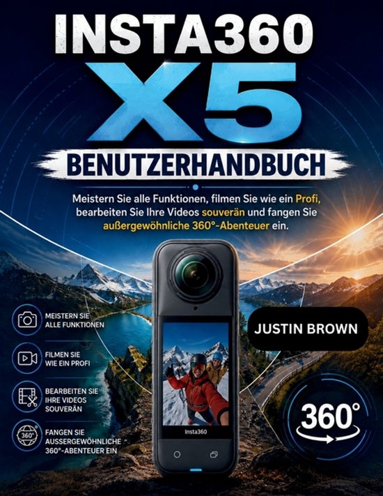 Insta360 X5 gebruikershandleiding met afbeelding van de camera tegen een berglandschap bij zonsondergang.