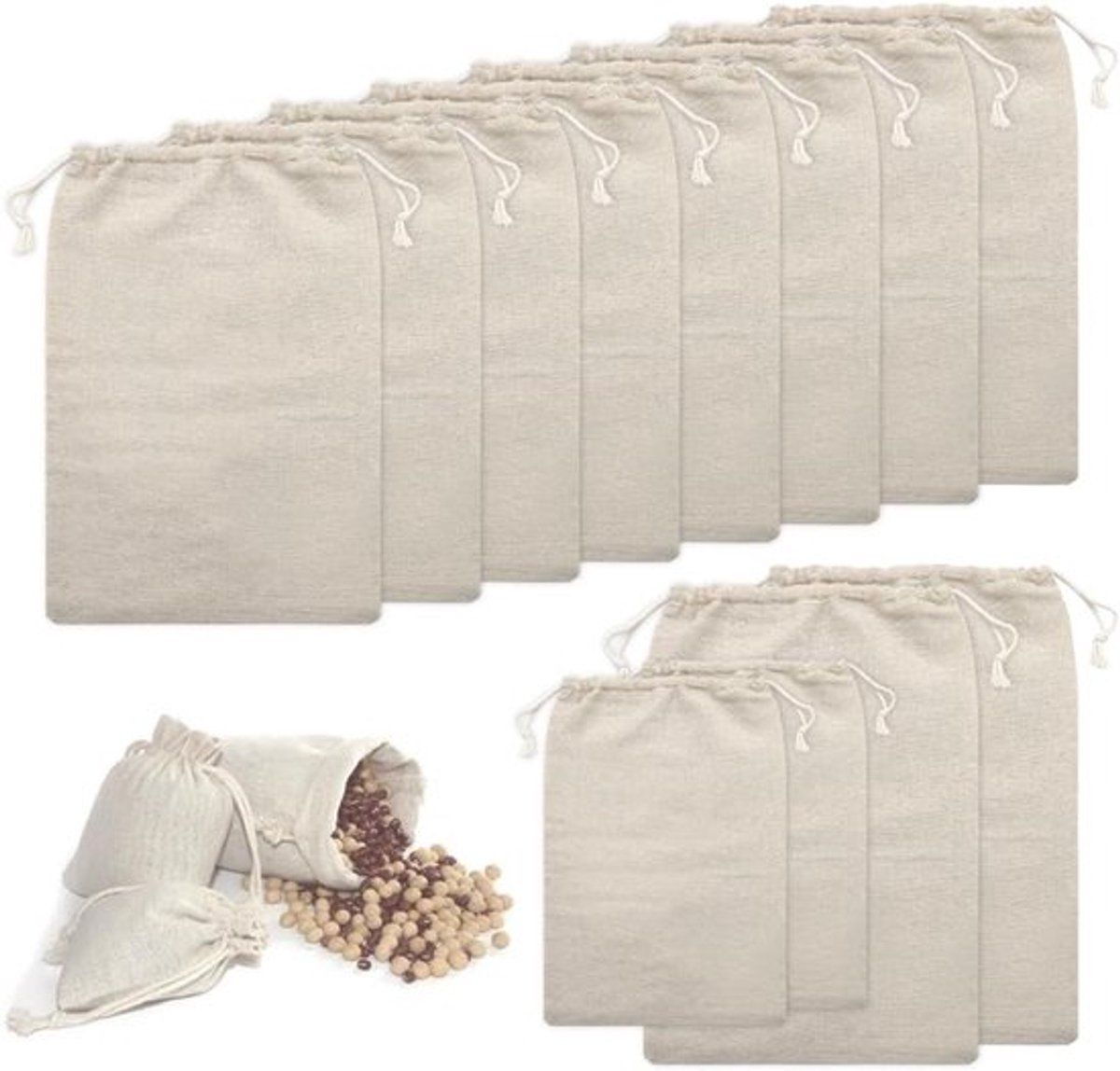 Set van 12 Katoenen Trekkoordtassen 20 x 30 cm, Herbruikbare Stoffen Tassen voor Voedsel, Sieraden en Kruidens, Ideaal voor DIY Cadeaupakketten