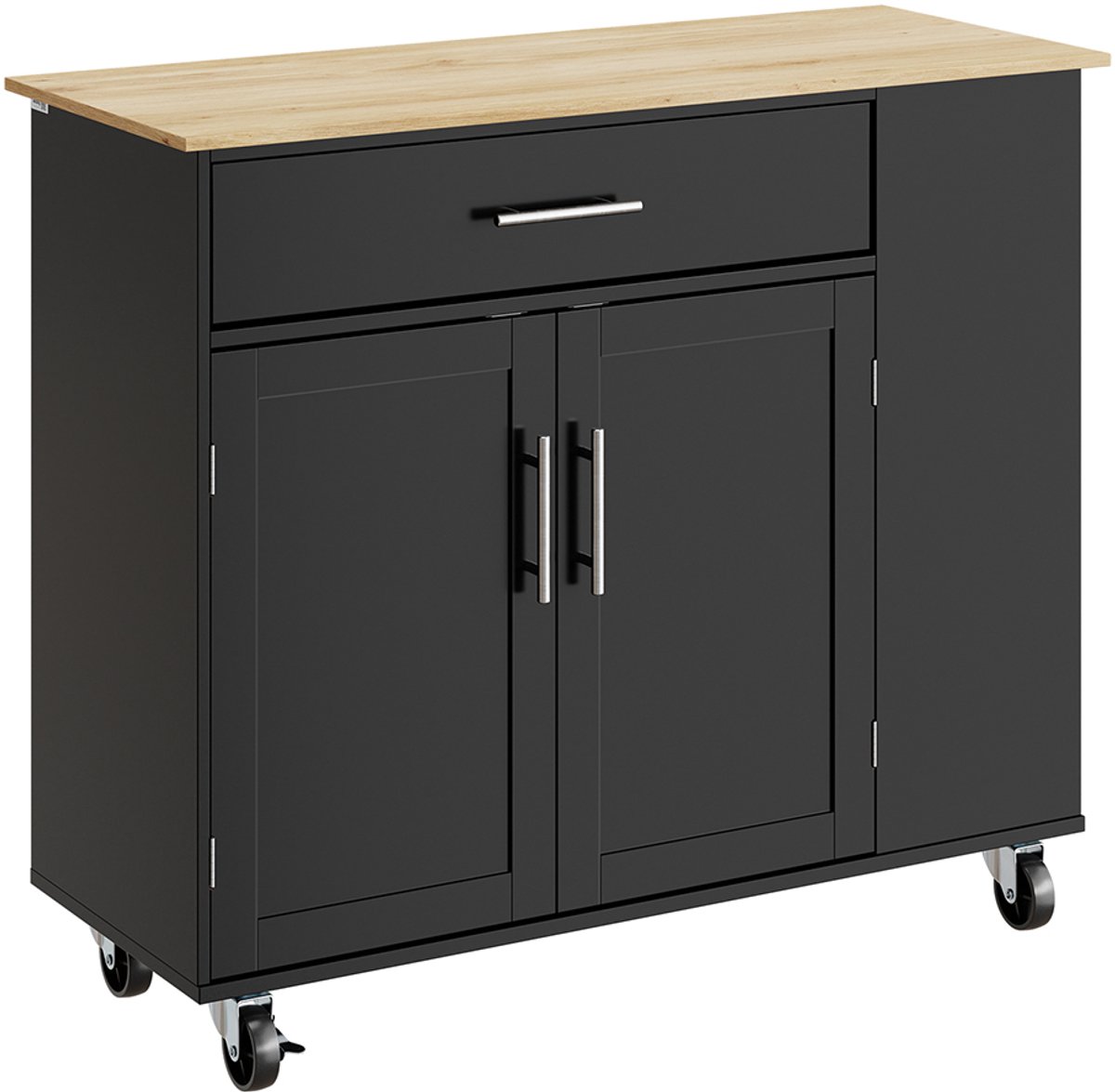 SoBuy Keukentrolley op Wieltjes met Werkblad - Keuken Trolley op Wielen Zwart Licht Eiken - 2 Deuren 1 Lade 2 Planken Spaansplaat Metaal Handgrepen | FKW133-SCH