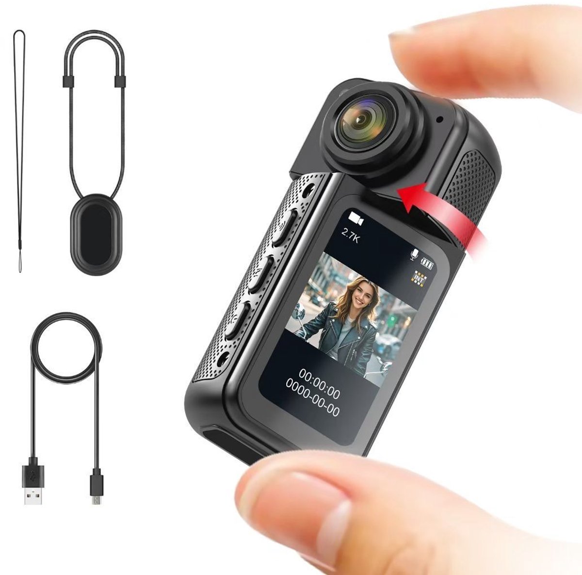 Ulisem - Actiecamera - Mini duimcamera met 2.7K opname - 180° draaibare lens voor voor- en achteropname - Magnetische bevestiging met hangkoord - 36 gram lichtgewicht - Inclusief 32GB geheugenkaart - Voor reis en beveiliging - Zwart