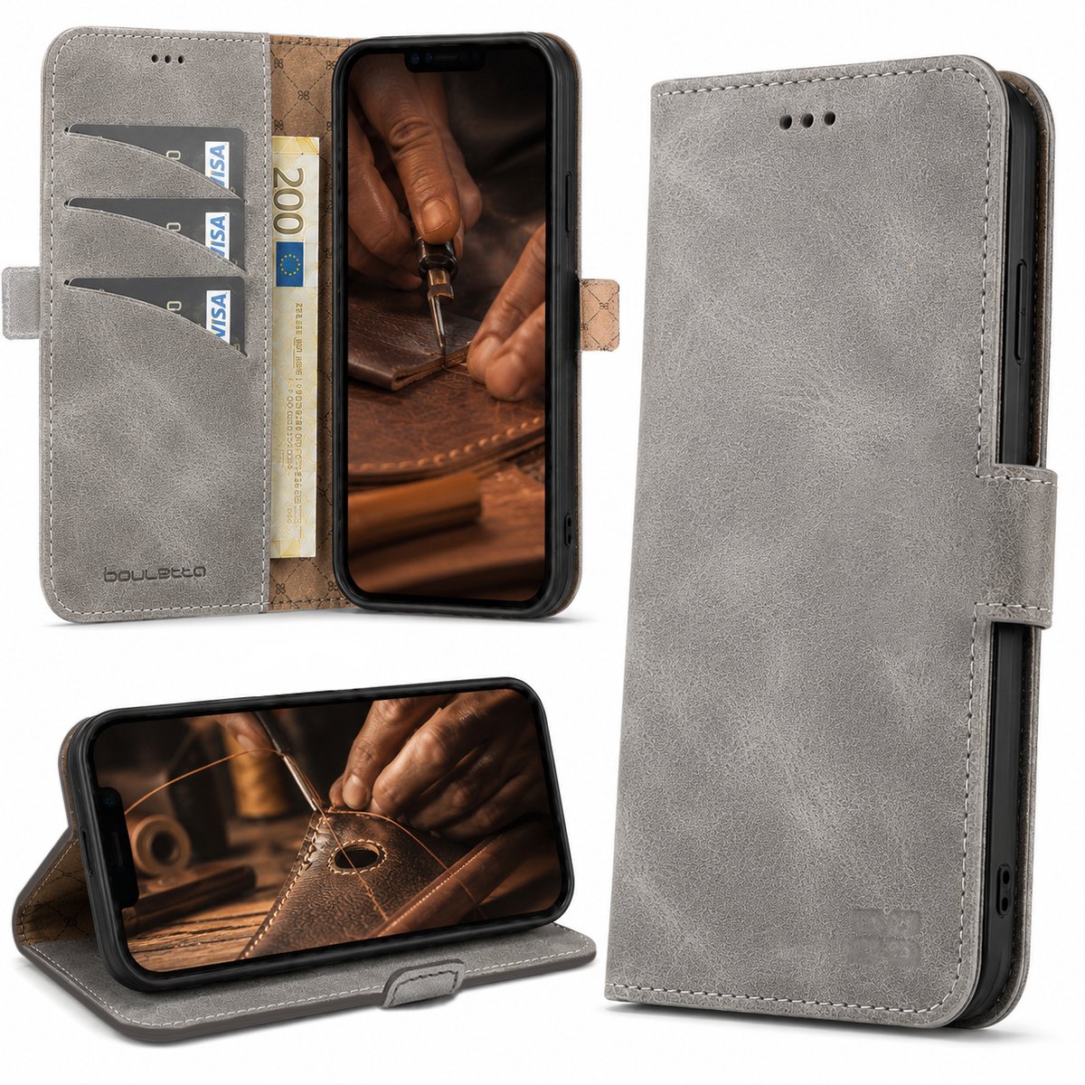 Bouletta geschikt voor iPhone 13 Pro leer BookCase hoesje - Future Grey