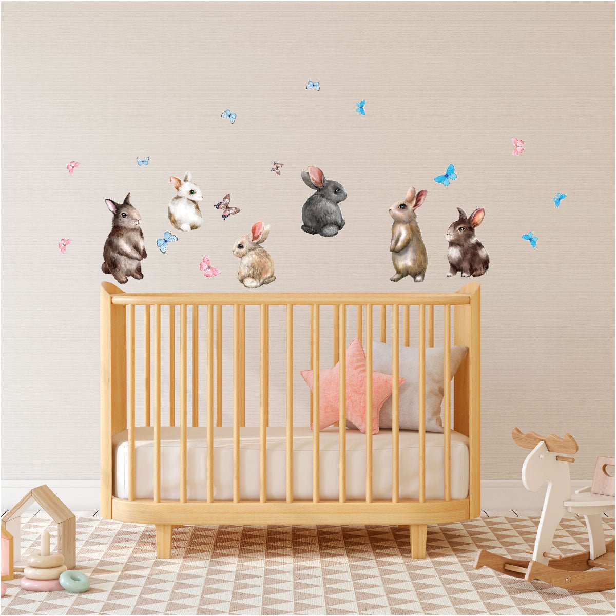 Ambiance Sticker Muurstickers - Konijnen en vlinders - Transparante achtergrond - 100x130cm Multi color