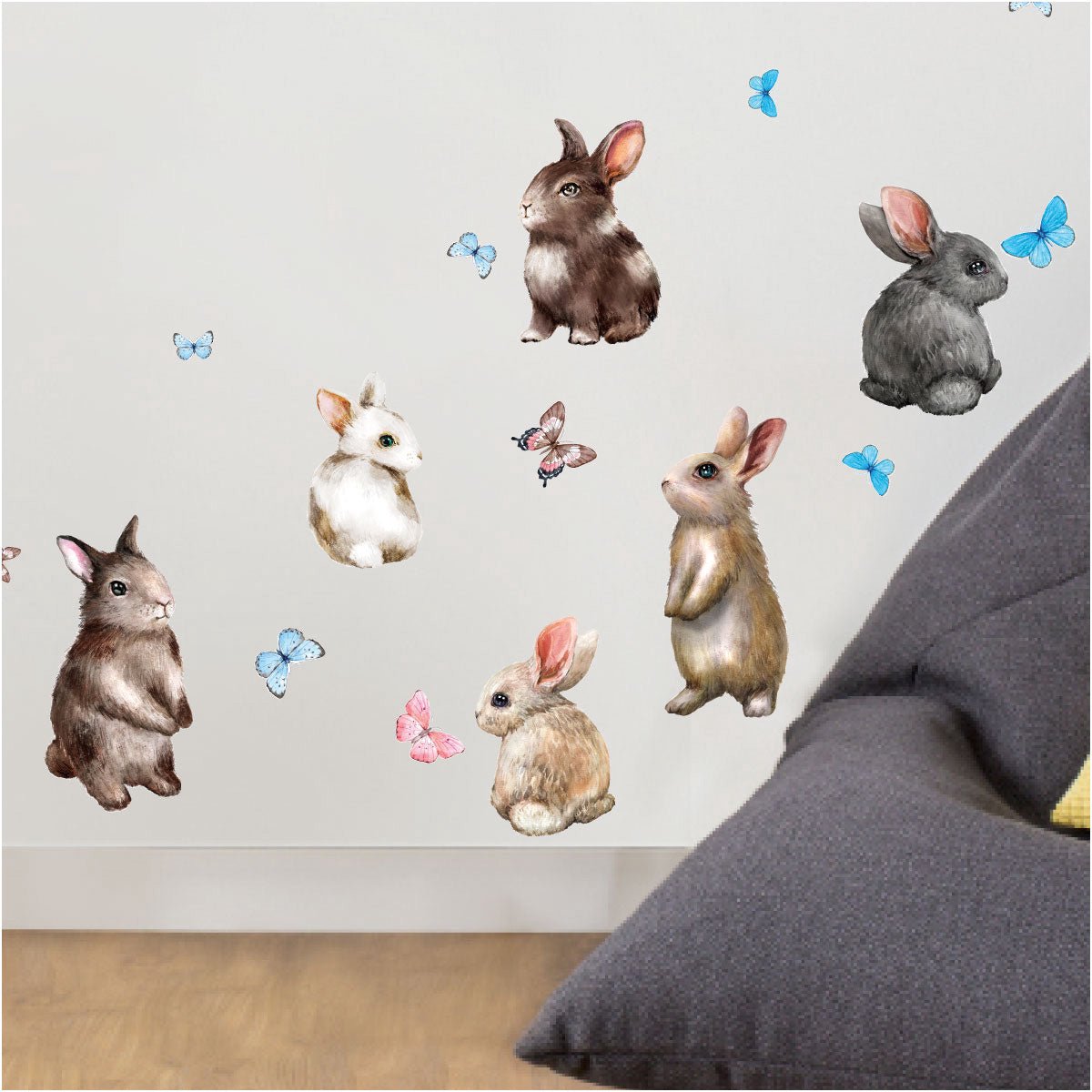 Ambiance Sticker Muurstickers - Konijnen en vlinders - Transparante achtergrond - 120x160cm Multi color